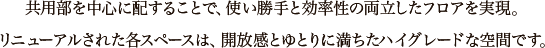 共用部を中心に配することで、使い勝手と効率性の両立したフロアを実現。リニューアルされた各スペースは、開放感とゆとりに満ちたハイグレードな空間です。